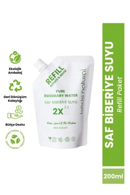 Bade Natural Biberiye Suyu Saç Toniği - Dökülme Karşıtı, Güçlü ve Hacimli Saçlar İçin, Doğal Saç Uzamasını Destekleyen Refill Paket 200 ml %100 Doğal ve Saf