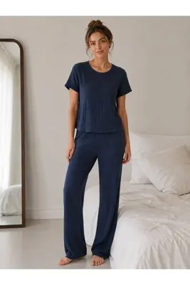 Pijamask Kadın Lacivert Kısa Kollu Uzun Pantolonlu Pijama Takımı Rahat Ev Giyim Uyku Takımı
