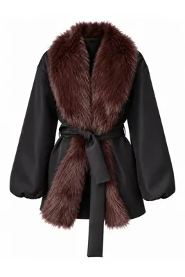 ZS Zey Studio Kadın Siyah Yakası Kürklü Katlı Yaka Detaylı Kuşaklı Mont