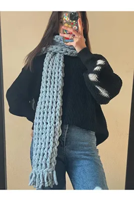Alize Puffy Burgu Model El Örgüsü Puffy Atkı - Açık Gri