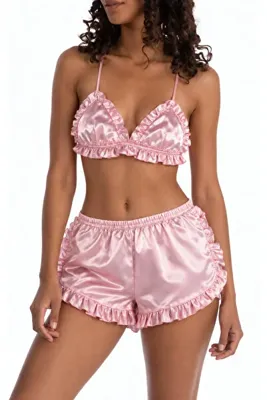 Rhea's by irem ekinci Kadın Saten Fırfırlı Bralet ve Şortlu 2'li Pijama Takımı