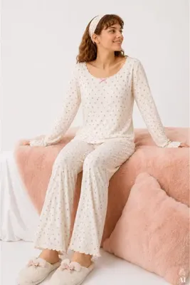 koza iç giyim Kadın Fitilli Desenli Dantel Detaylı Uzun Kollu Pijama Takımı