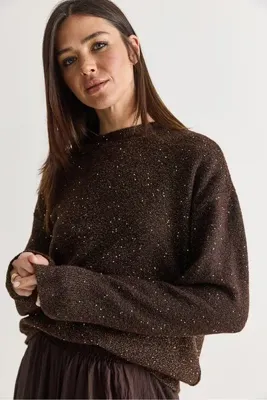 Bianco Lucci Kadın Acı Kahve Payet Detaylı Bisiklet Yaka Oversize Triko Kazak 5543 60286704