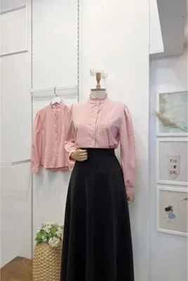 fayaboutique.com Pudra Pembesi Hakim Yaka Nervür Dikişli Poplin Gömlek
