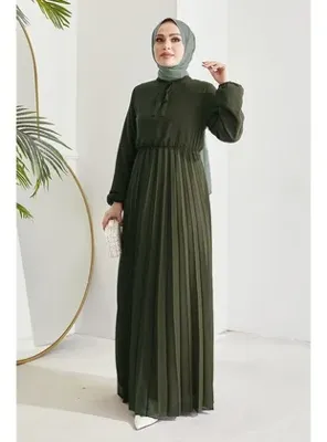 InStyle Piliseli Limelda Şifon Elbise - Haki