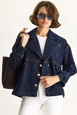 Bianco Lucci Kadın Lacivert Geniş Yaka Uzun Kollu Ayarlanabilir Manşetli Denim Ceket 6089 60283543