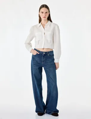 Koton Viskon Kumaş Regular Fit Uzun Kollu Cepli Bel Vurgulu Crop Gömlek
