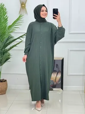 MODANURSEDA Kadın Bürümcük Kumaş Düğmeli Boydan Standart 38 /56 beden Elbise - Haki - MODANURSEDA