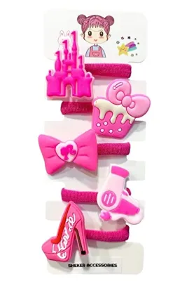 SHEKER HOME Barbie Kız Çocuk Lastik Toka Seti – Renkli & Figürlü - 5’li