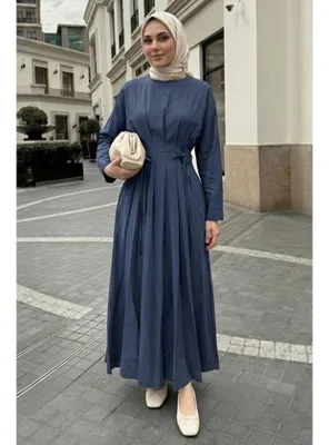 InStyle Pileli Kuşaklı Mavi Elbise