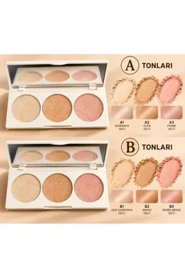 MİLANO BEAUTYS 3'lü Highlighter Aydınlatıcı Paleti – Işıltılı Makyaj Paleti – A ve B Renk Seçenekli
