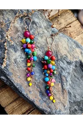 Moda Karışık Doğal Taşlı El Yapımı Bakır Tel Sarma Küpe