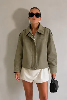 Trendsensin Lorven Haki Oversize SüeT Dokulu Fermuarlı Viral Ceket