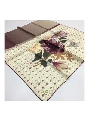 19v69 ITALIA Çiçekli Desen Gold Seri Twill Eşarp Askısı ile Birlikte 90x90 cm Kahverengi Krem