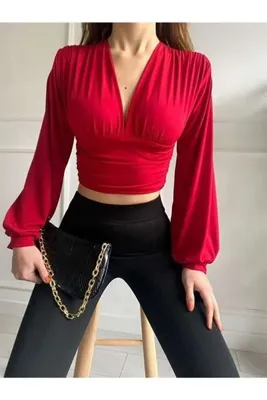 sozan Kadın Kırmızı Derin Dekolteli Beli Bantlı Crop Bluz