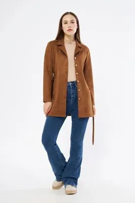 Apsen Collection Apsen Kadın Taba Seyyar Kuşak Cep Detaylı Önden Düğmeli Süet Ceket 6501/80