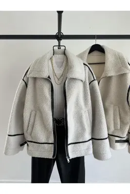 mypagebutik Doly Siyah Şeritli Beyaz Peluş Ceket