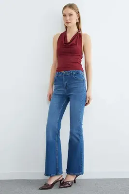 Fulla Moda Yüksek Bel Fermuarlı Flare Jean