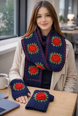 diğerr1 Megahan boutique lacivert ve kırmızı gül motifli atki eldiven takim