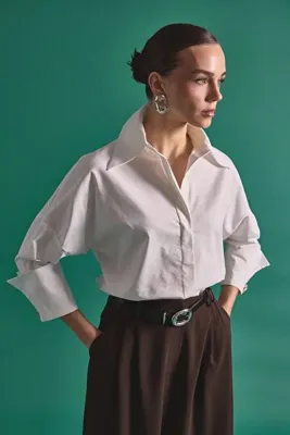 Sateen Düğme Detaylı Gömlek - Ekru