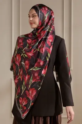 SilkTouch Kırmızı Lale Desenli İdol Vual Şal