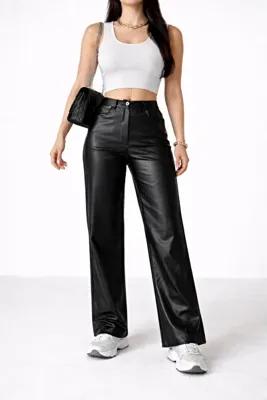 Lighter Jeans Kadın Siyah Suni Deri Pantolon Yüksek Bel Wide Leg Bol Paça Şık Modern Günlük Ofis Kombin