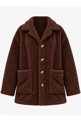 HIMMELDUF Kadın Teddy Peluş Oversize Cepli Düğmeli Ceket