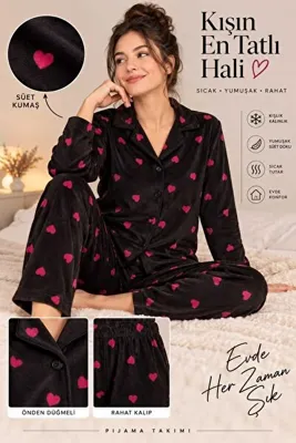 MiŞa adella Kadın Önden Düğmeli Süet Pijama Takımı Rahat Kesim Yumuşak Kumaş