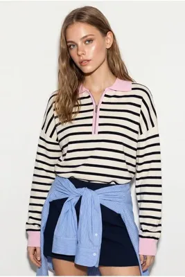 Bianco Lucci Kadın Lacivert-Pembe Polo Yaka Fermuarlı Çizgili Oversize Triko Kazak 2757 60286481