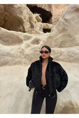 kırmızı butiks Siyah Fox Bomber Mont