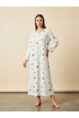 Alize Moda Uzun Kollu Karanfil Desenli %100 Pamuklu Büyük Beden Kadın Gecelik