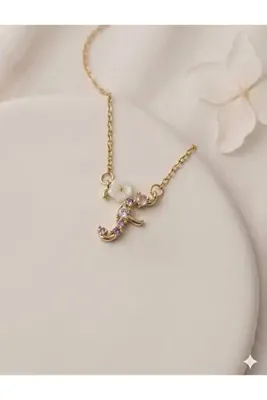 Glamluxe F Harfli Prenses Model Işıltılı Taşlı Gold Şık Kadın Harf Kolye