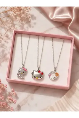 deryora Hello Kitty 3’lü Kolye Seti Şık Pembe Takı Kutulu Sevimli Kedi Figürlü Kolye Seti Kadın ve Kız Çocuklar İçin Zarif Takı Hediyesi