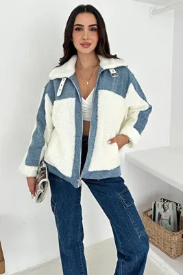 Noa&Noa Kadın Patchwork Sherpa Mont – Denim Frost