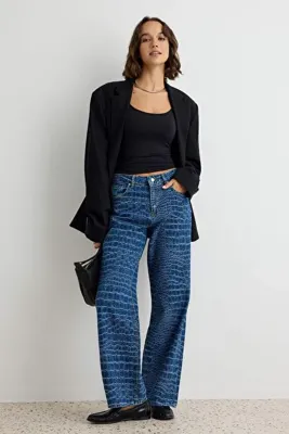 TRENDYOLMİLLA Mavi Timsah Desenli Yüksek Bel Wide Leg Jeans TWOAW27JE00185
