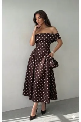 qeteen Puantiyeli Carmen Yaka Maxi Elbise