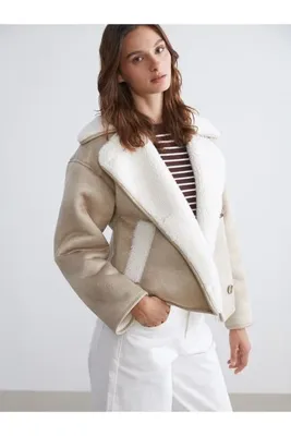 LC Waikiki LCW Vision Bej Kürk Yaka Oversize Kadın Süet Mont