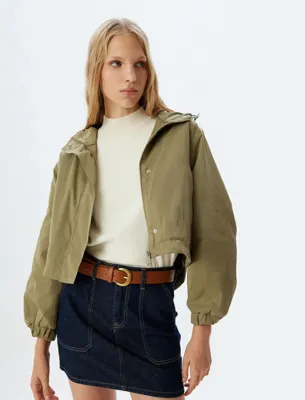 Koton Crop Ceket Oversize Fermuarlı Kapüşonlu Çıtçıt Düğmeli Su Geçirmez