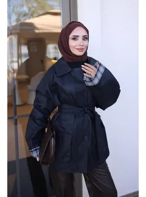 İmaj Butik Lacivert Ekose Astarlı Mumlu Kısa Trençkot