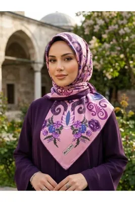 Genel Markalar Pembe Çiçek Desenli Kadın İpek Tivil Eşarp