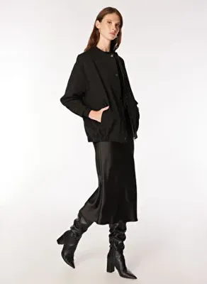 Fabrika Siyah Kadın Bomber Oversize Düz Mont F4WL-MNT0260