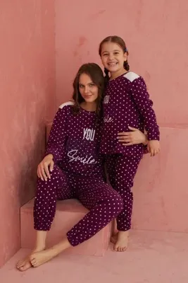 ELİTOL Mor Smile Puan Desenli Bisiklet Yaka Peluş Polar Pijama Takım