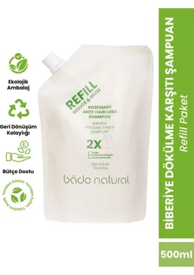 Bade Natural Biberiye, Biotin, Keratin ve Kolajen Complex Bakım Şampuan Refill Paket 500 ml