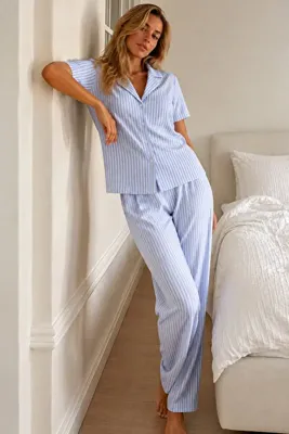 Genel Markalar Kadın Loose Kalıp Pamuklu Mavi Pijama Takımı