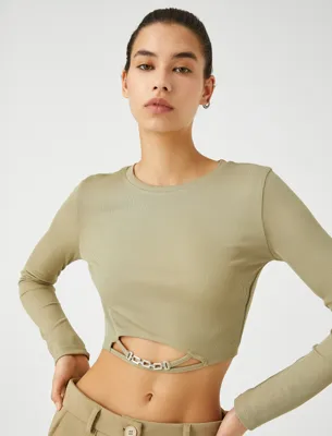 Koton Uzun Kollu Tişört Crop Bisiklet Yaka Metal Aksesuarlı