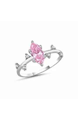 LA MİA FELİCİTA 925 Ayar Pembe Turmalin Markiz Taşlı Pırlanta Tasarım Gümüş Yüzük