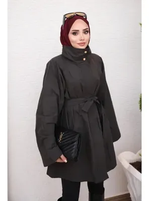 İmaj Butik Kahverengi Dik Yaka Fermuarlı Bel Kuşaklı Trençkot