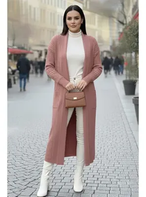 Benguen Kolu Düğmeli Fitilli Triko Hırka R7146 Gül Kurusu