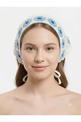 Stil Kadın El Örgüsü Çiçek Desenli Bağlamalı Bandana Saç Bandı