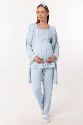 ByLohusa Effortt Mavi Sabahlıklı Hamile Lohusa Pijama Takımı